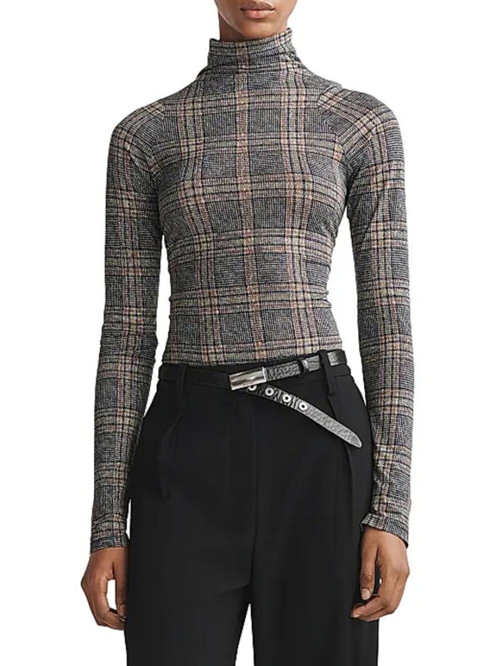 Rag & Bone Shaw Plaid Turtleneck Top Black Multi Long Sleeve Women's S